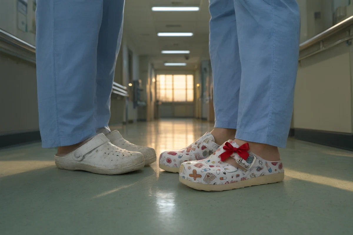 Dve medicinske sestre u hodniku bolnice, jedna u izgaženim belim klompama, druga u novim anatomskim klompama sa dezenom i crvenom mašnom